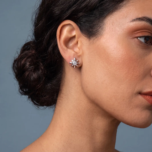 10KT Rose Gold Round Diamond Cluster Earrings - worn close up