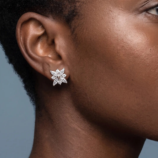 14KT Rose Gold Diamond Cluster Earrings - worn close up