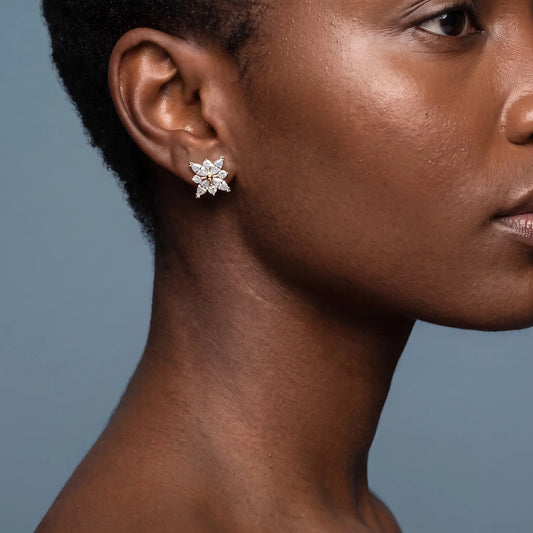 10KT Yellow Gold Diamond Cluster Earrings - worn close up