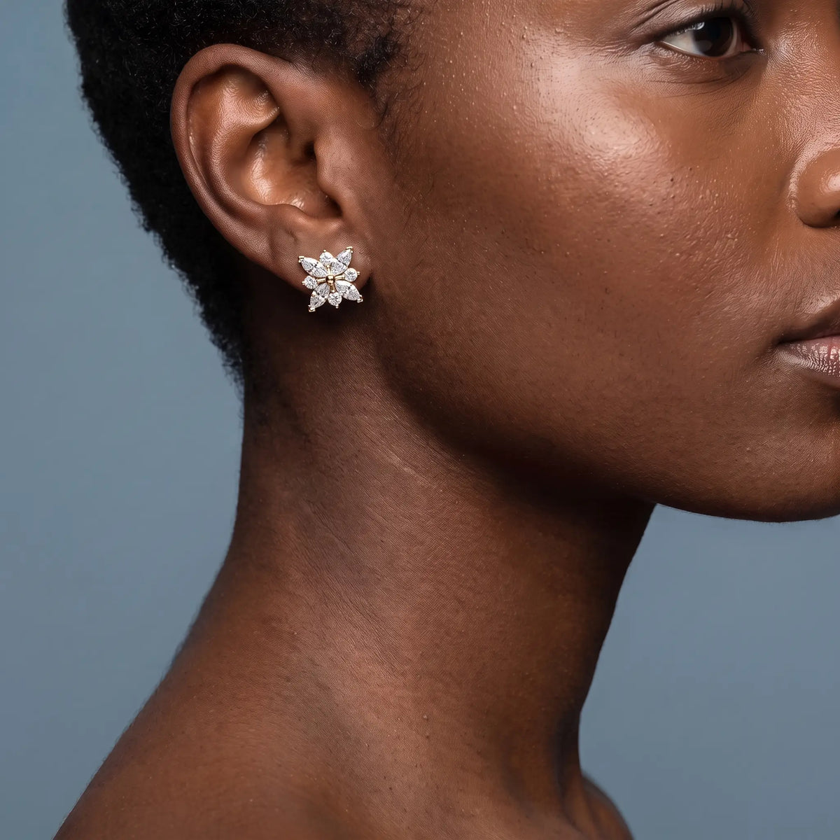 14KT Yellow Gold Diamond Cluster Earrings - worn close up