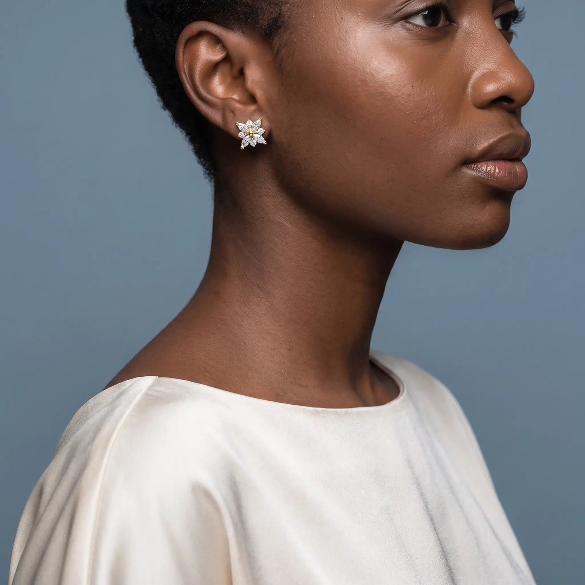 14KT Yellow Gold Diamond Cluster Earrings - model beauty shot
