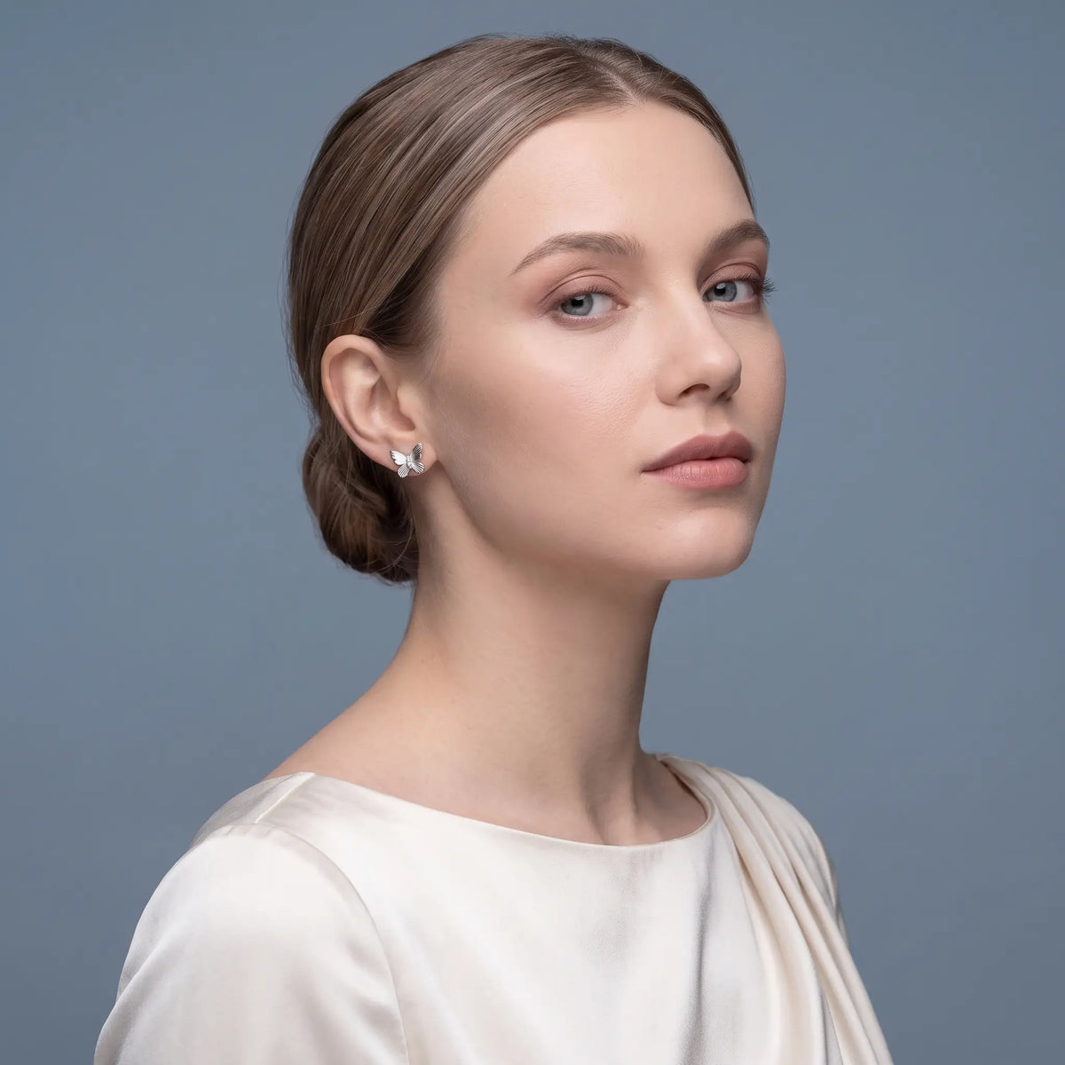 Silver Round Diamond Butterfly Cluster Earrings - model beauty shot