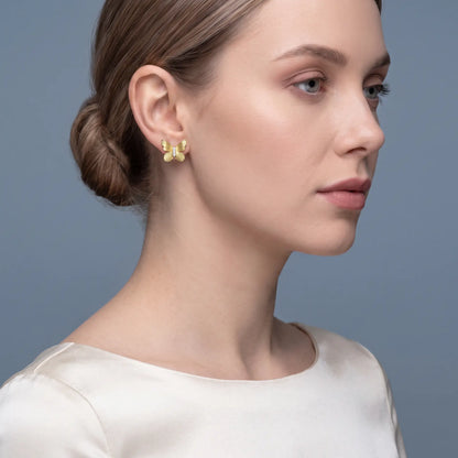 10KT Yellow Gold Round Diamond Butterfly Cluster Earrings - model beauty shot
