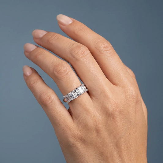 Platinum Five Stone Emerald Cut Diamond Half Eternity Wedding Band - worn on hand