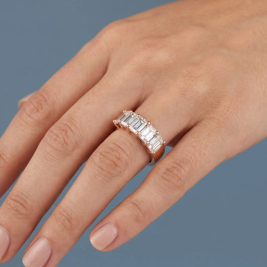 10K Rose Gold Five Stone Emerald Cut Diamond Half Eternity Wedding Band - worn on hand