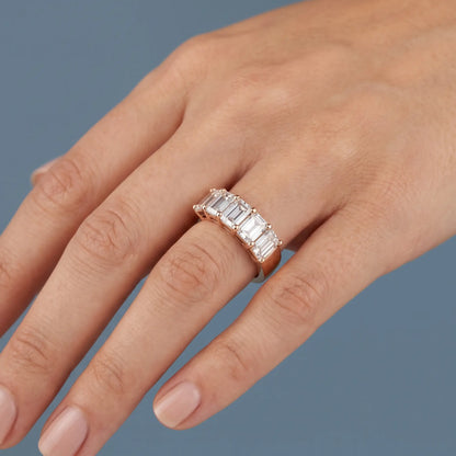 14K Rose Gold Five Stone Emerald Cut Diamond Half Eternity Wedding Band - worn on hand