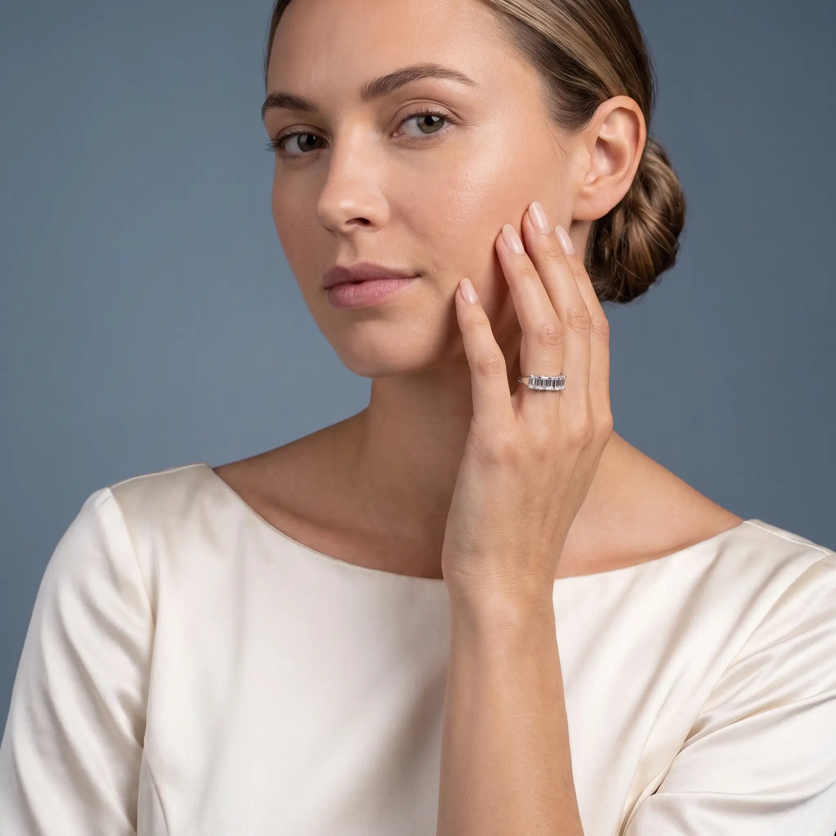 14K White Gold Five Stone Emerald Cut Diamond Half Eternity Wedding Band - model beauty shot