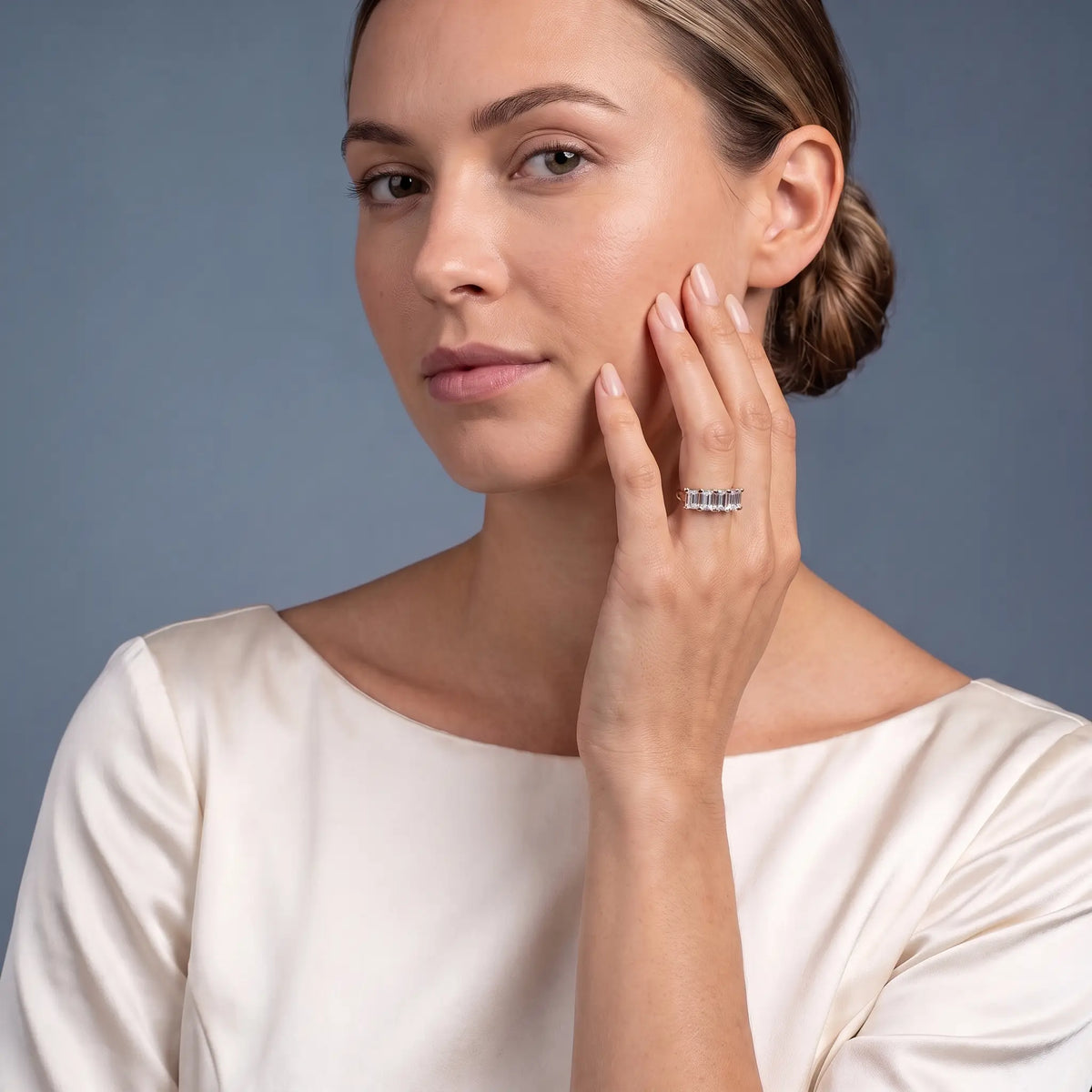14K Rose Gold Five Stone Emerald Cut Diamond Half Eternity Wedding Band - model beauty shot