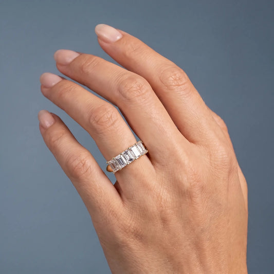 14K Yellow Gold Five Stone Emerald Cut Diamond Half Eternity Wedding Band - worn on hand
