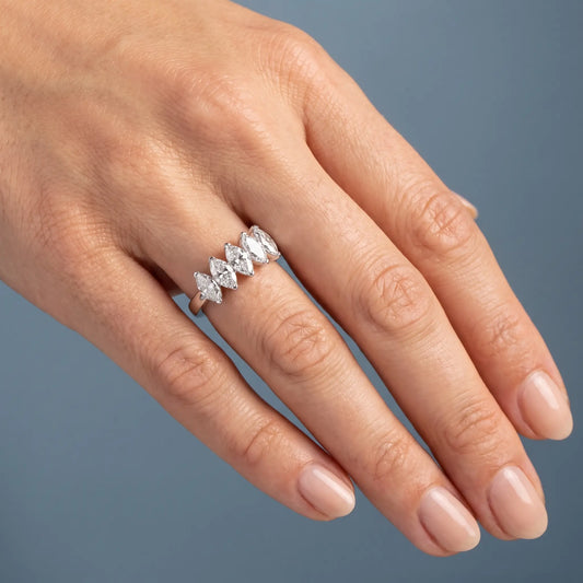 14K White Gold Five Stone Marquise Cut Diamond Half Eternity Wedding Band - worn on hand