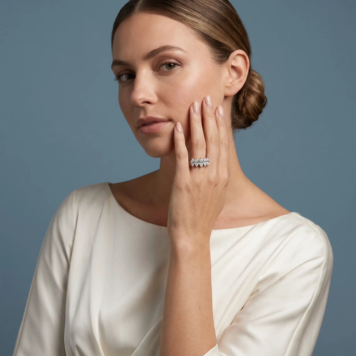 Platinum Five Stone Marquise Cut Diamond Half Eternity Wedding Band - model beauty shot