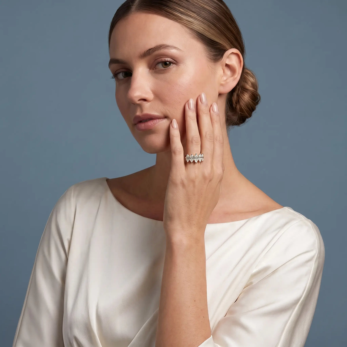 10K Yellow Gold Five Stone Marquise Cut Diamond Half Eternity Wedding Band - model beauty shot