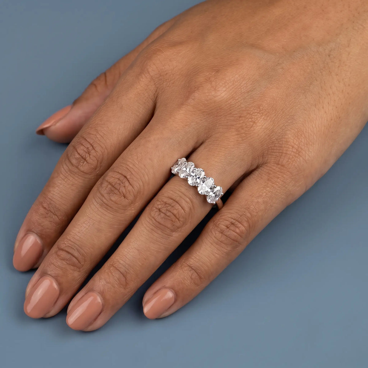 Platinum Five Stone Oval Cut Diamond Half Eternity Wedding Band - worn on hand