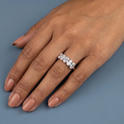 Platinum Five Stone Oval Cut Diamond Half Eternity Wedding Band - worn on hand