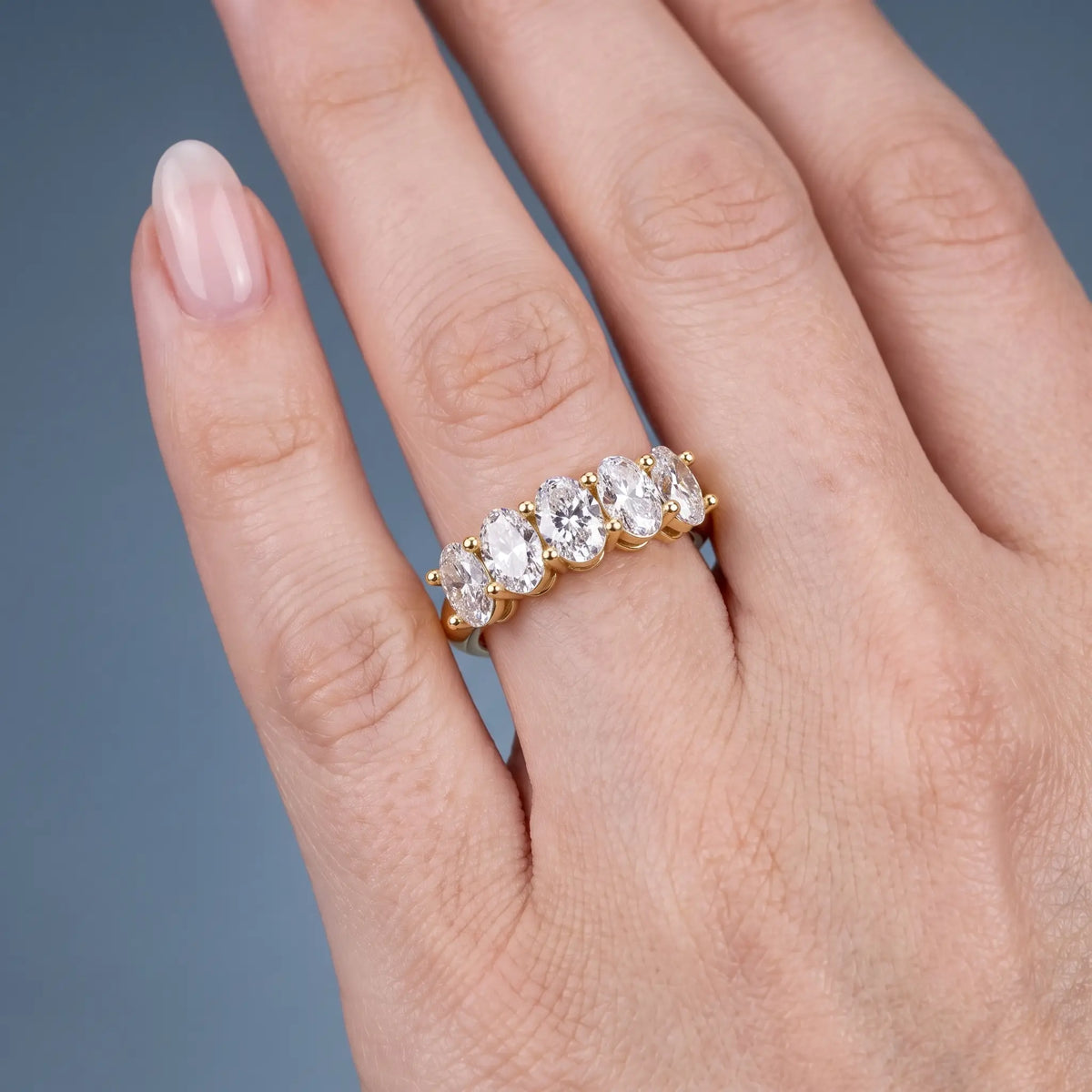 14K Yellow Gold Five Stone Oval Cut Diamond Half Eternity Wedding Band - worn on hand