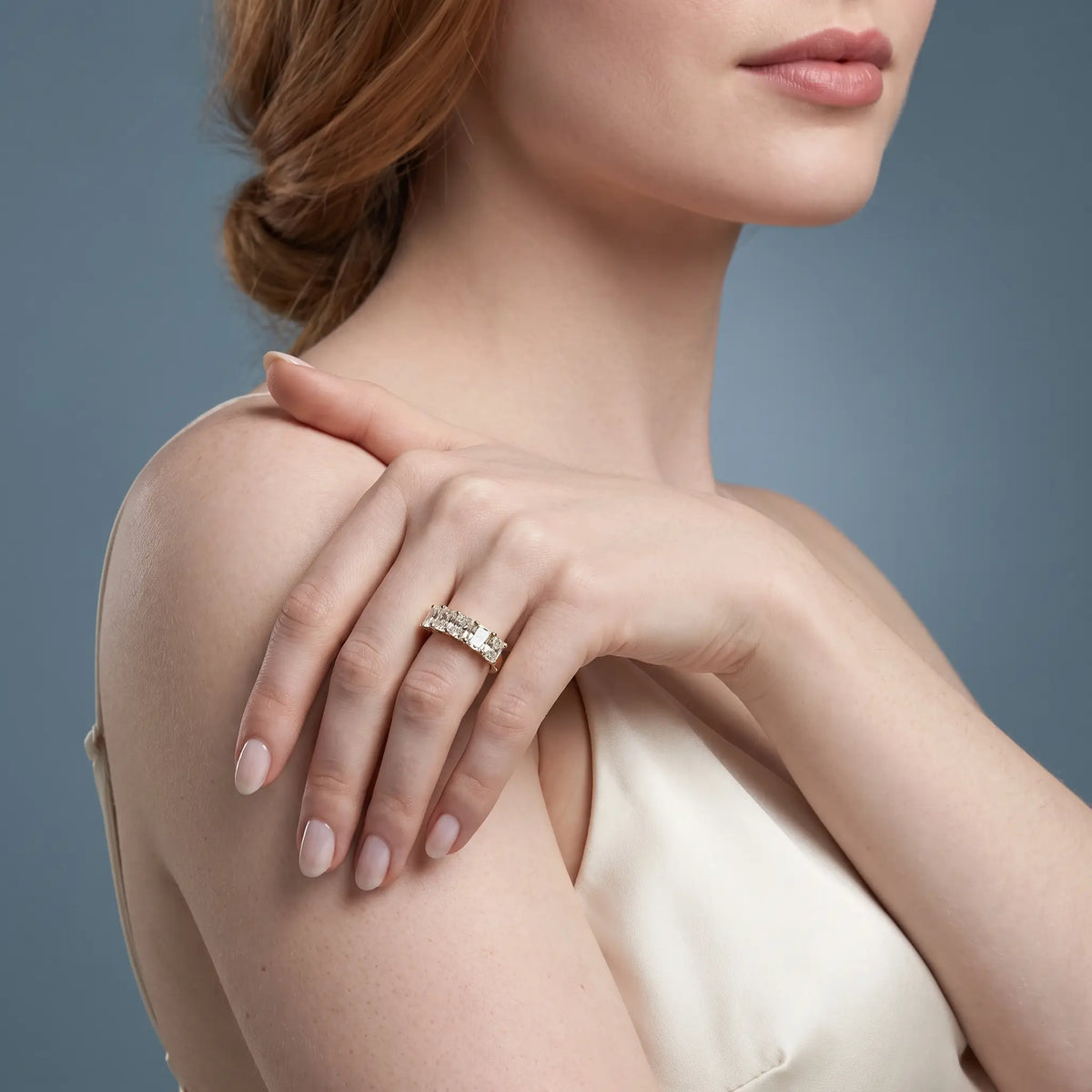 10K Yellow Gold Five Stone Radiant Cut Diamond Half Eternity Wedding Band - model beauty shot