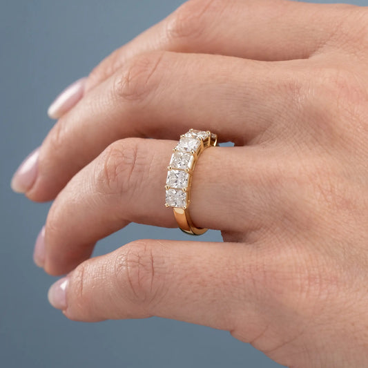 14K Yellow Gold Five Stone Radiant Cut Diamond Half Eternity Wedding Band - worn on hand
