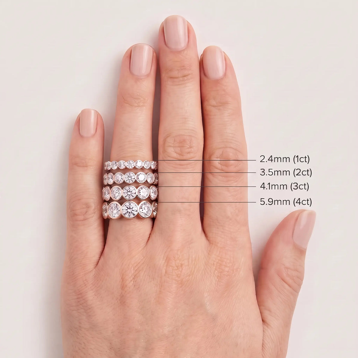 Round Cut Bezel Set Diamond Full Eternity Wedding Band - width and carat size guide, rose gold