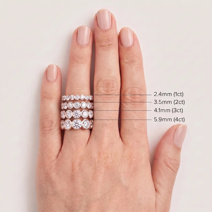 Round Cut Bezel Set Diamond Full Eternity Wedding Band - width and carat size guide, rose gold
