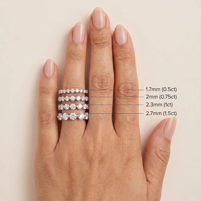 Round Cut Diamond Half Sculpted Prong Eternity Band - width and carat size guide, silver