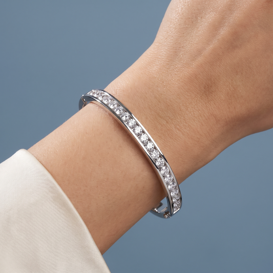 Silver Round Cut Channel Set Diamond Bangle Bracelet - Close-up