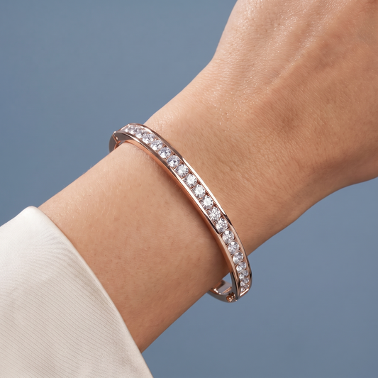 10K Rose Gold Round Cut Channel Set Diamond Bangle Bracelet - Close-up