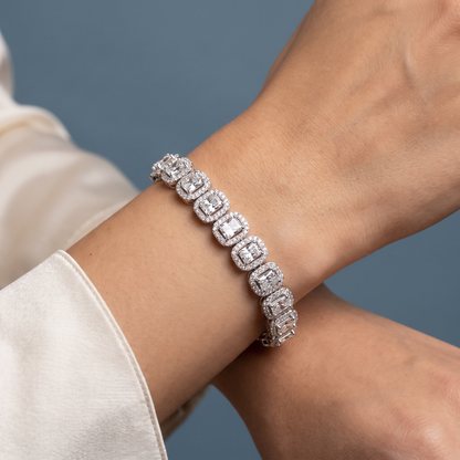 Silver Radiant Cut Halo Diamond Tennis Bracelet - Close-up