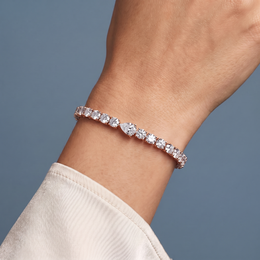 10K Rose Gold Round Cut Diamond Tennis Bracelet with Pear Accent - Close-up