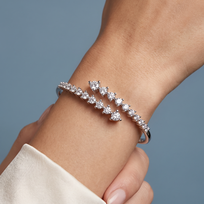 14K White Gold Round Cut Diamond Bypass Bangle Bracelet - Close-up