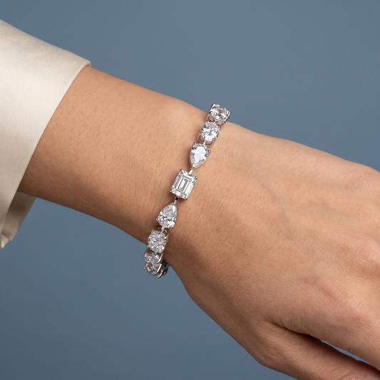 14K White Gold Oval Pear and Emerald Cut Diamond Tennis Bracelet - Close-up