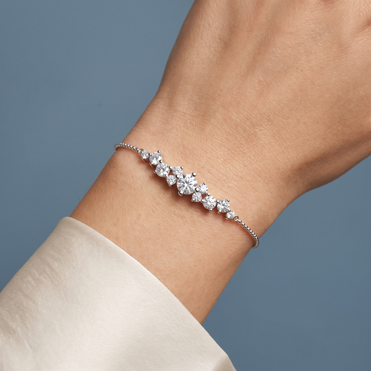 10K White Gold Round Cut Diamond Cluster Chain Bracelet - Close-up