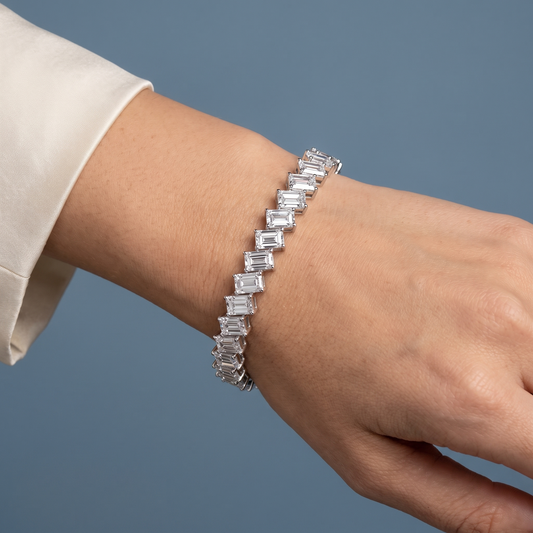 Platinum Angled Emerald Cut Diamond Tennis Bracelet - Close-up