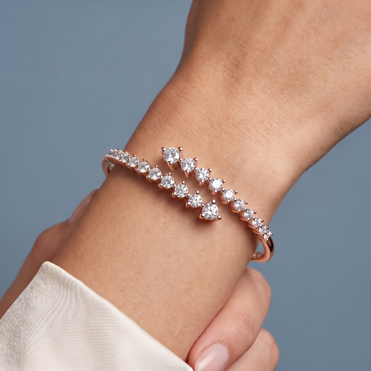 14K Rose Gold Round Cut Diamond Bypass Bangle Bracelet - Close-up