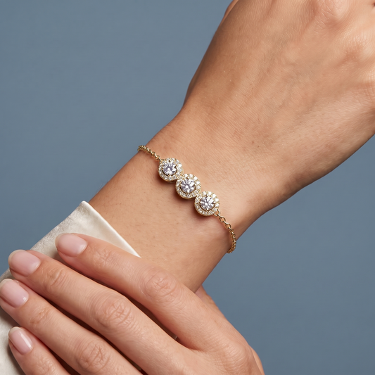 10K Yellow Gold Three Stone Round Halo Diamond Chain Bracelet - Close-up