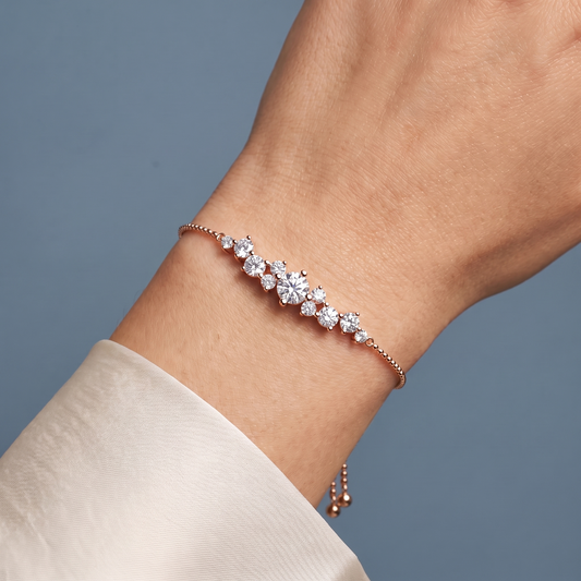 14K Rose Gold Round Cut Diamond Cluster Chain Bracelet - Close-up