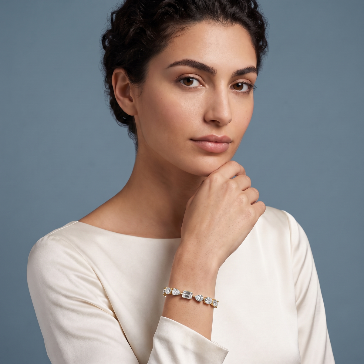 14K Yellow Gold Oval Pear and Emerald Cut Diamond Tennis Bracelet - Beauty