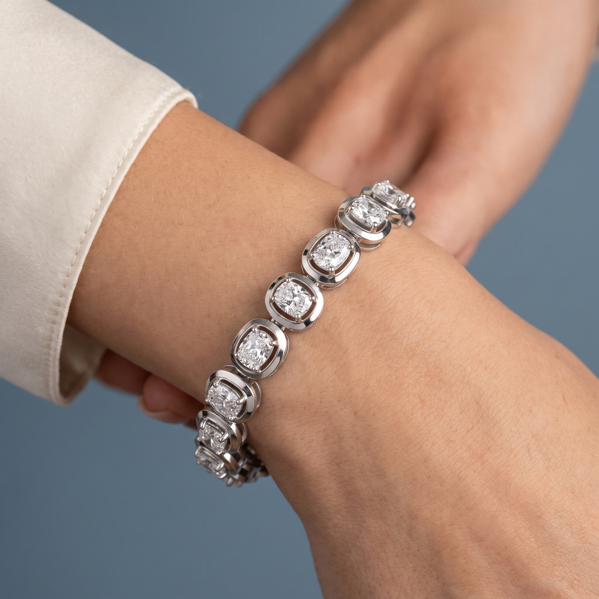 Silver Cushion Cut Diamond Tennis Bracelet - Close-up