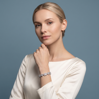 10K White Gold Square Emerald and Emerald Cut Halo Diamond Tennis Bracelet - Beauty