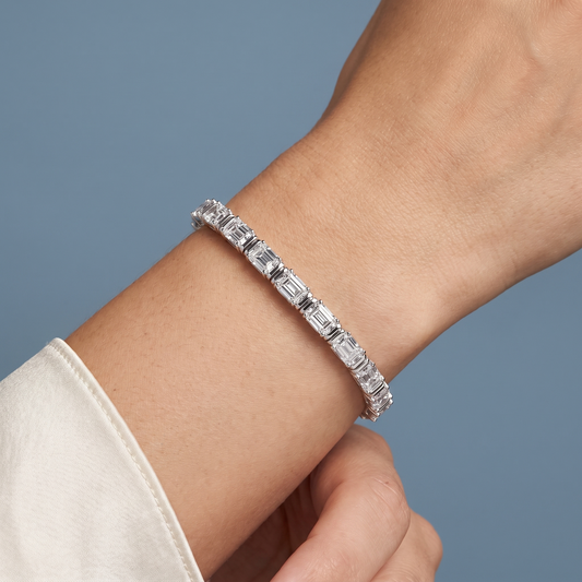 Platinum East West Emerald Cut Diamond Tennis Bracelet - Close-up