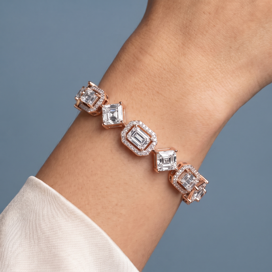 10K Rose Gold Square Emerald and Emerald Cut Halo Diamond Tennis Bracelet - Close-up