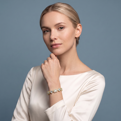 14K Yellow Gold Square Emerald and Emerald Cut Halo Diamond Tennis Bracelet - Beauty
