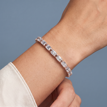 14K Rose Gold East West Emerald Cut Diamond Tennis Bracelet - Close-up