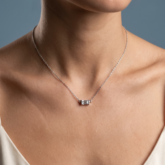 Platinum Emerald Cut Diamond Bar Pendant - Close-up