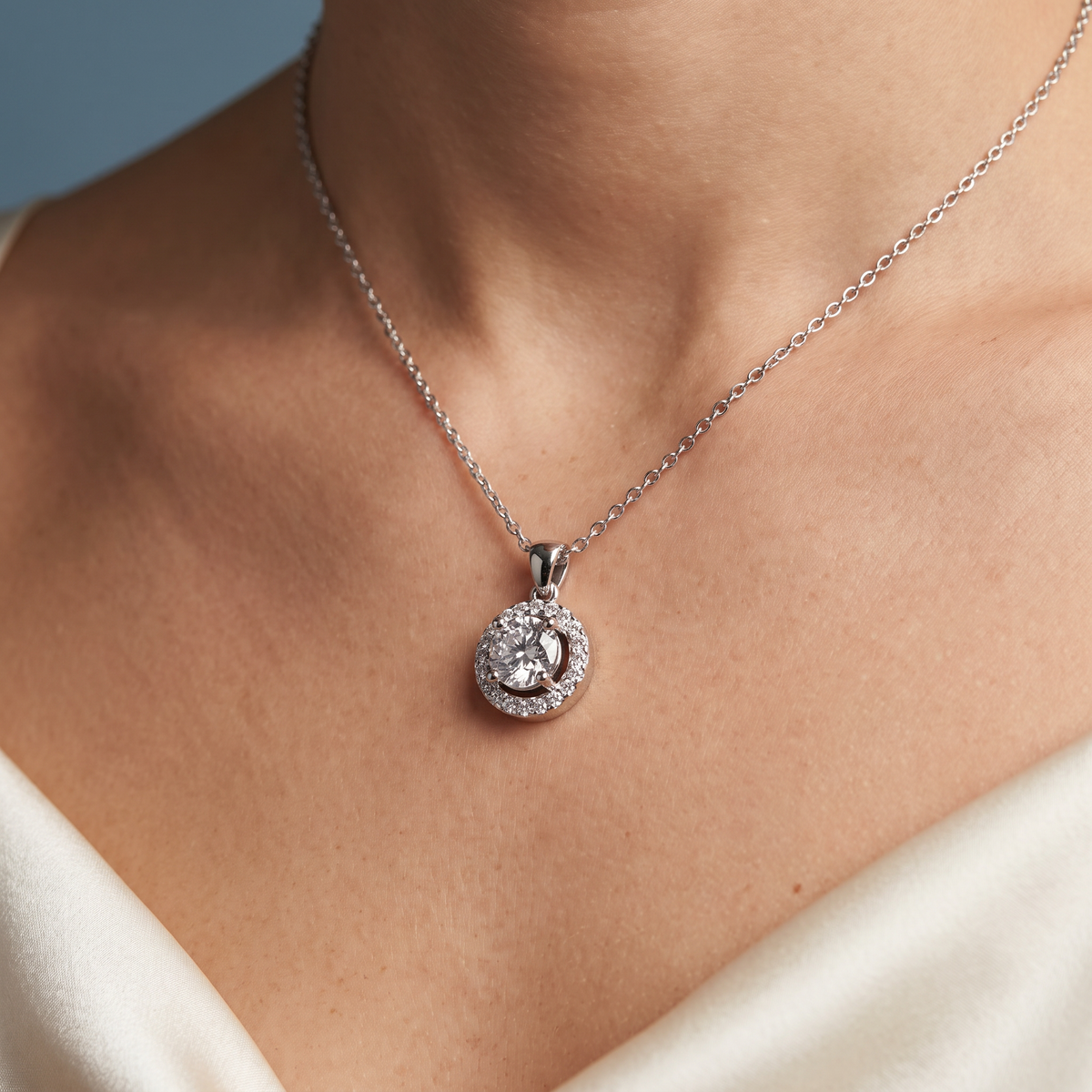 10KT White Gold Round Diamond Layered Halo Pendant - Close-up