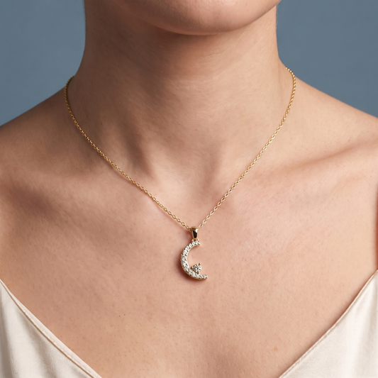14KT Yellow Gold Crescent Moon Diamond Pendant - Close-up
