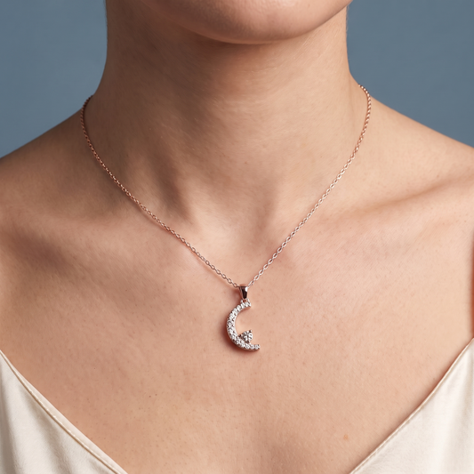 14KT Rose Gold Crescent Moon Diamond Pendant - Close-up