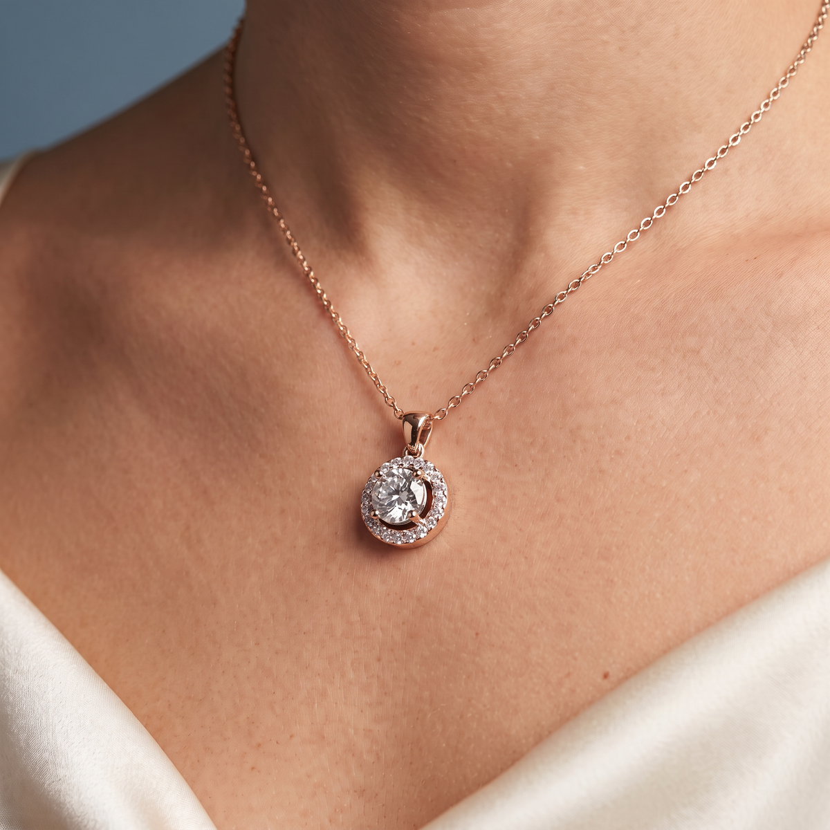 14KT Rose Gold Round Diamond Layered Halo Pendant - Close-up