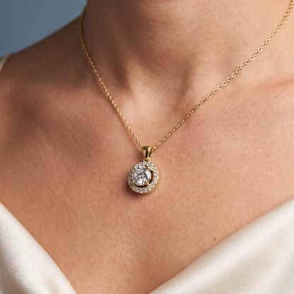 14KT Yellow Gold Round Diamond Layered Halo Pendant - Close-up