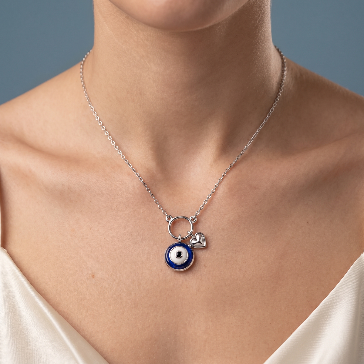 10KT White Gold Evil Eye Heart Charm Pendant Necklace - Close-up