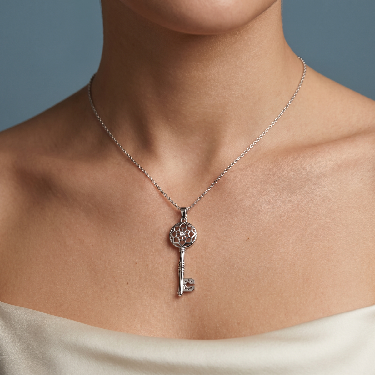 Silver Key Diamond Pendant - Close-up